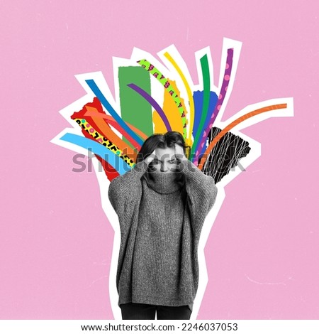 Contemporary art collage. Conceptual creative design. Young girl holding head with hands, having emotions splash. Overthinking. Concept of surrealism, mental health, imagination, lifestyle Royalty-Free Stock Photo #2246037053