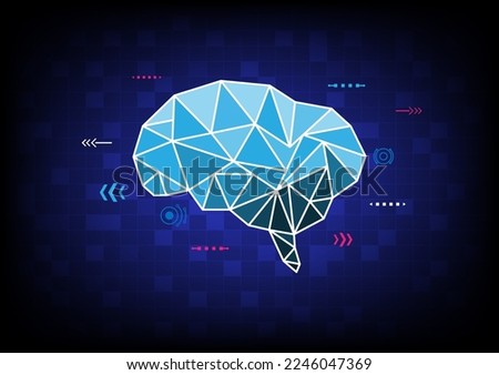 Abstract Background Technology blue polygonal brain with digital grid below and symbols with elements. The background is a bright blue gradient in the middle.