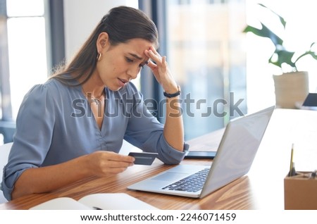 Credit card, stress or business woman with anxiety from banking fraud, financial problem or ecommerce scam. Password error, bankruptcy or sad worker frustrated with declined online payment or debt Royalty-Free Stock Photo #2246071459
