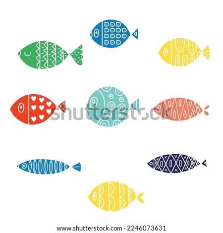 Cute retro colorful cartoon illustration with blue fish on white background. Vector illustration set.