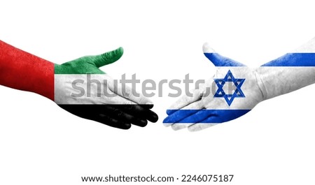 Handshake between Israel and UAE flags painted on hands, isolated transparent image.