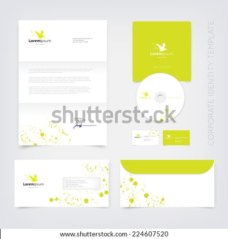 Vector lime green business stationary design template with flying pelican silhouette logo and paint splatter. Letter, envelope, cd and business cards. Modern branding collection.