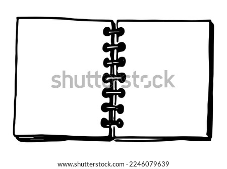 Spiral notepad blank template in doodle style. Clip art for daily planning, diary, sticker. Hand drawn vector design element. Black contour drawing isolated on white.