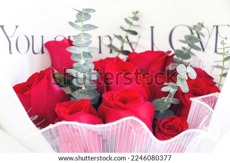 Romantic bunch of red roses with the words You are my love’ on the bouquet wrapping, a special gift for valentine’s day