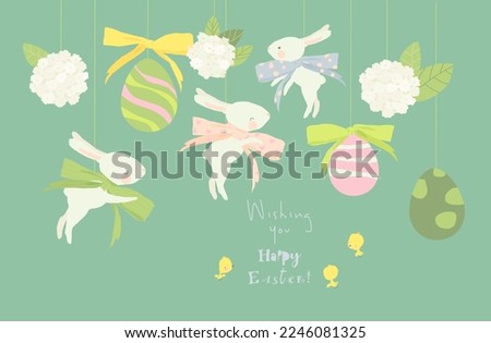 Happy Easter Greeting Card with Cute White Bunnies and Eggs