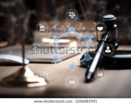 Justice lawyers with Judge gavel, Businessman in suit or lawyer Hiring lawyers in the digital system. Legal law, prosecution, legal adviser, lawsuit, detective, investigation,legal consultant..	