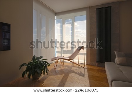 Motorized roller blinds in the interior. Automatic solar shades large size on the windows. Modern interior with a relax chair by the window. Electric sunscreen curtains for smart home.  Royalty-Free Stock Photo #2246106075