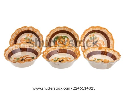 six Yellow ceramic soup plates made in Mexico. Traditional handmade Mexican ceramic. isolated White background.