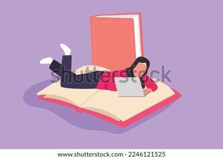 Cartoon flat style drawing woman freelancer works at laptop lying on big book. Arab female worker working at home. Job freelance. Girl student at online education. Graphic design vector illustration