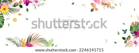 Tropical banner arranged from exotic emerald leaves and exotic flowers. Paradise plants, greenery and palm card. Stylish fashion frame. Wedding design. All leaves are not cut. Isolated and editable Royalty-Free Stock Photo #2246141715