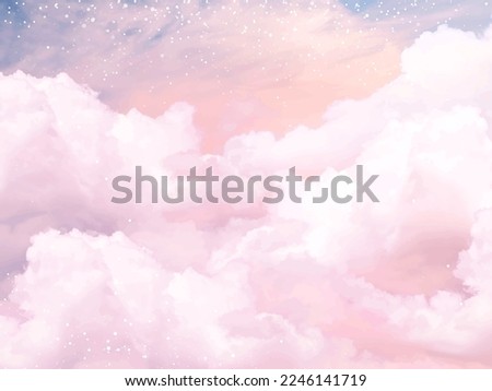 Sugar cotton pink clouds vector design background. Glamour fairytale backdrop. Plane sky view with stars and sunset. Watercolor style texture. Delicate card. Elegant decoration. Fantasy pastel color Royalty-Free Stock Photo #2246141719