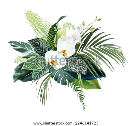 Tropical forest flowers and leaves vector design bouquet. White orchid, monstera, green anthurium, calathea, palm leaf. Exotic island jungle plants. Wedding arrangement.Elements are isolated, editable Royalty-Free Stock Photo #2246141723