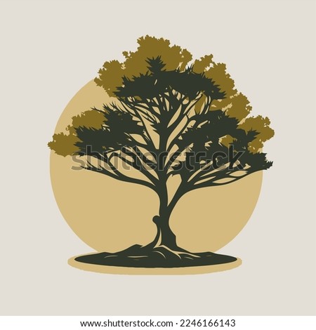 Vector illustration of a tree with light and dark green leaves in front of a beige sun