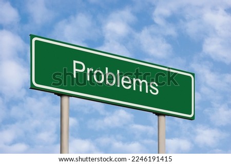 Problems Solving Concept, Green Signpost Name Road Sign, White Text Frame, Red Stripe, Grey Pole Posts Blue Sky Bright Cloudscape Clouds, Large Detailed Perspective Closeup Problem Solution Motivation Royalty-Free Stock Photo #2246191415