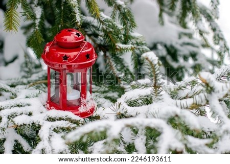 Red lantern with stars on branches of spruce covered with snow