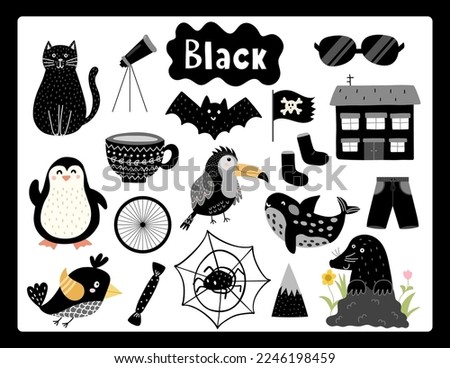 Set of black color objects. Primary colors flashcard with black elements. Learning colors for kids. Vector illustration