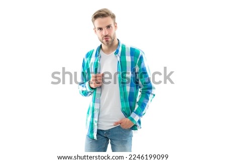 photo of trendy casual man with stubble. casual man isolated on white background