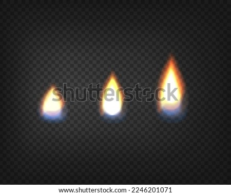 Fire candle. Realistic Fire Flames with smoke, blue fire and sparkles transparent on dark background. Burning red wildfire flames set, burn bonfire silhouette and blazing fiery spurts of flame