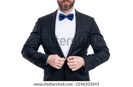 cropped view of man wear tuxedo formal suit. man in tuxedo isolated on white background. Royalty-Free Stock Photo #2246203643