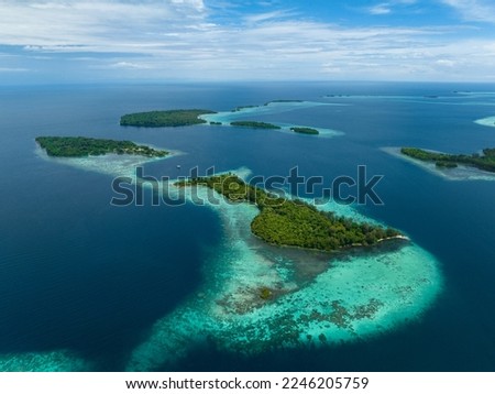 Lush, tropical islands are fringed by robust coral reefs in the Solomon Islands. This beautiful country is home to spectacular marine biodiversity and many historic WWII sites. Royalty-Free Stock Photo #2246205759