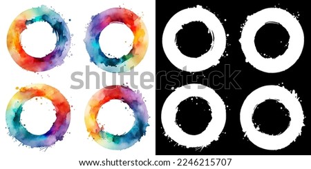 Hand drawn ring shapes of rainbow paint. Set of grunge colorful ink textured brush circles isolated on white background with clipping mask (alpha channel) for quick isolation