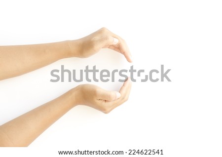 woman two hand make circle concept protecting something on a white background