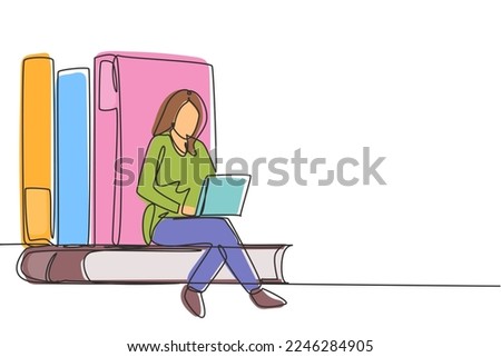 Single continuous line drawing young woman studying with laptop and sit and lean on big books. Back to school, intelligent student, online education. One line draw graphic design vector illustration