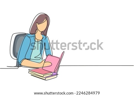 Single continuous line drawing young woman reading, learning and sitting on chair around table. Study in library. Smart student, education concept. One line draw graphic design vector illustration