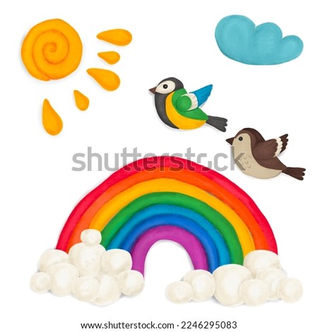 Plasticine rainbow sun and birds from colored clay Royalty-Free Stock Photo #2246295083
