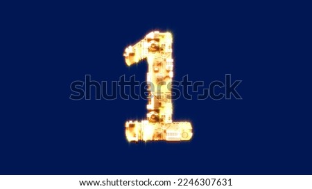 number 1, technologic burning orange cyber punk font on blue screen, isolated - object 3D rendering