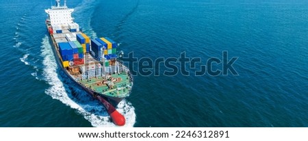 cargo container ship sea freight carrying container and running for export goods from cargo yard port to custom ocean concept technology transportation , customs clearance. logistics supply front view
