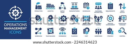 Operations management icon set. Containing production, logistics, supply chain, manufacturing, planning, inventory management, strategy, customer satisfaction and cost icons. Solid icon collection. Royalty-Free Stock Photo #2246314623
