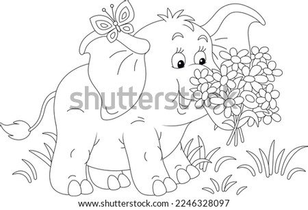 Merry butterfly and a friendly smiling cute little elephant with a bouquet of beautiful summer flowers, black and white outline vector cartoon illustration for a coloring book