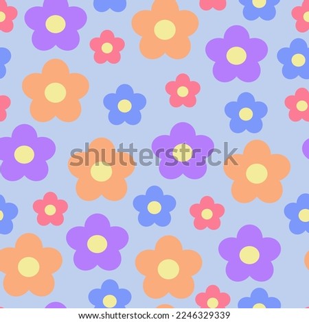 Groovy Flower Patterns Y2k Style. Abstract Square Seamless Patterns with Vintage Groovy Daisy Flowers. Colorful background, 60s, 70s, hippie aesthetic.