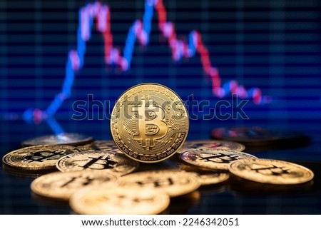 Bitcoin and cryptocurrency investing concept with graph. Bitcoin cryptocurrency coins. Trading on the cryptocurrency exchange. Trends in bitcoin exchange rates. Rise and fall chart of bitcoin. Royalty-Free Stock Photo #2246342051