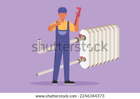 Cartoon flat style drawing plumber standing holding wrench with thumbs up gesture was ready to work on repairing the leaking drain in the sink and the houses drains. Graphic design vector illustration