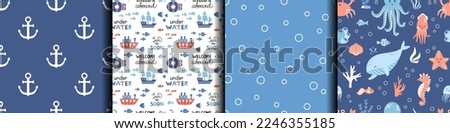 Vector set of marine seamless patterns. Childish backgrounds in flat design. Design for kids. Sea life. Royalty-Free Stock Photo #2246355185
