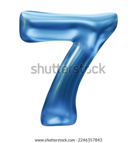 Blue number 7 isolated on white background in 3d rendering. Balloon glossy numbers for math, business and education.