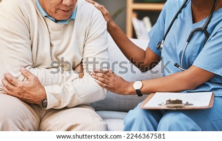 Pain, help and empathy of nurse with senior man for healthcare, medical or retirement home check, exam and assessment. Depression, sad and mental health fear of elderly patient consulting a doctor