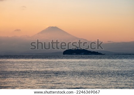 Enoshima and Mount Fuji at sunset from Zushi coast, Zushi city, Kanagawa prefecture, Japan