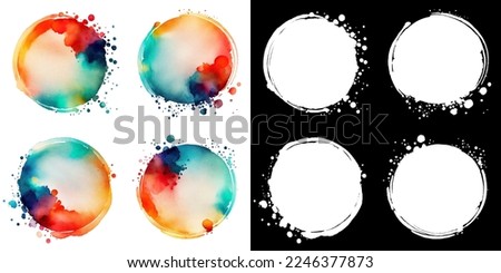 Hand drawn circle shapes of colorful watercolor paint. Set of grunge bright ink textured brush circles isolated on white background with clipping mask (alpha channel) for quick isolation