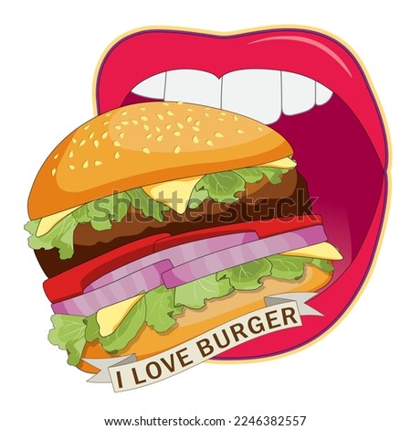 Woman open mouth eating burger ordered on the fast food menu. Hamburger with cutlet, tomatoes and onion. Logo icon vector illustration design.