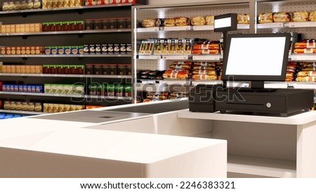 3D Black cash register with blank computer monitor screen, barcode scanner at checkout cashier counter in supermarket for urban grocery shopping lifestyle, interior design decoration background
