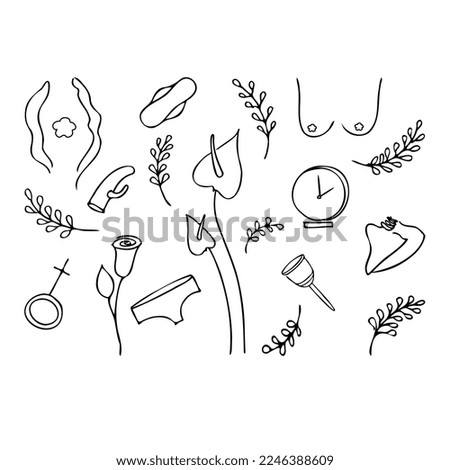 Gynaecology.Illustration of doodle hand drawn graphics on the theme of women with the image of the menstrual cup, female breast, flowers, shell.Vector template for decoration

