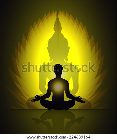 man meditate on buddha background, yoga. Dark yellow background. 