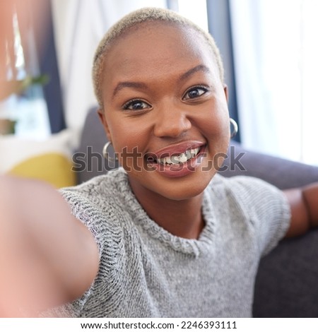 Black woman, face or selfie in house living room, Nigeria home or relax apartment for social media, profile picture or video call. Portrait, smile or happy person in photography pov on comfort sofa