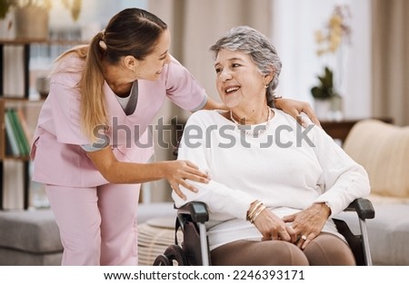 Healthcare, support and caregiver with senior woman for medical help, elderly care and consulting patient. Wheelchair disability, rehabilitation and nurse volunteer at nursing home for charity work Royalty-Free Stock Photo #2246393171