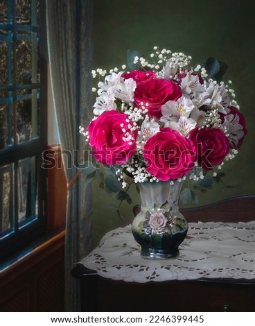 Still life with romantic bouquet of roses 