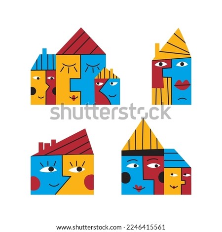 Set of funny houses on a white background.  Collection of simple cute buildings with faces. Vector cartoon flat childish illustration