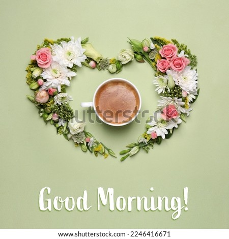 Good morning! Beautiful heart shaped floral composition with cup of coffee on light green background, flat lay